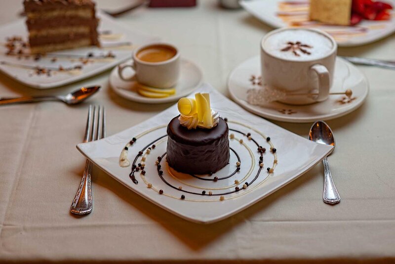 Chocolate pastry dessert with cappuccino