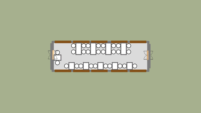 Parlor Car Floor Plan - set with 4 tables set for four guests and 6 tables set for two guests